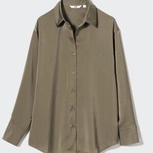Uniqlo Satin Long-Sleeve Shiny Green Blouse - NEW WITH TAGS - Size: Small